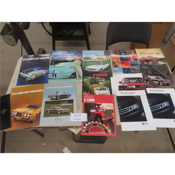 14 Assorted Car + Truck Brochures ; '67 Mercury, 1974 Comet, SAAB, Isuzu, Mazda
