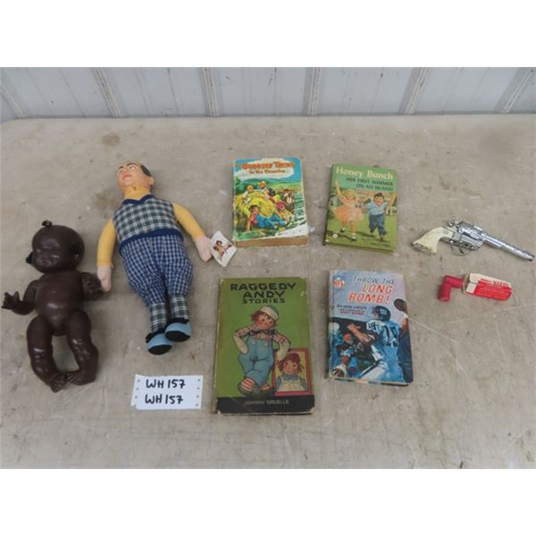 Kit Carson Toy Pistol, 3 Stooges Doll, 4 Old Kids Books, Mr. T. Baby Doll