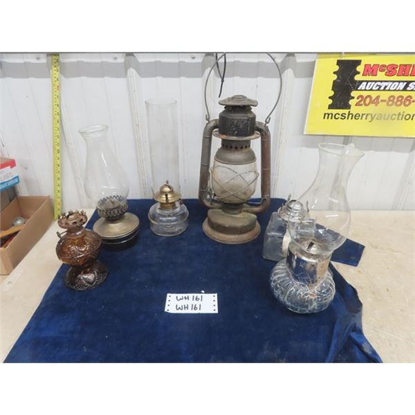 3 Oil Lamps with Chimneys, 1 Barn Lantern, 2 Lamp Bases