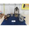 Image 1 : 3 Oil Lamps with Chimneys, 1 Barn Lantern, 2 Lamp Bases