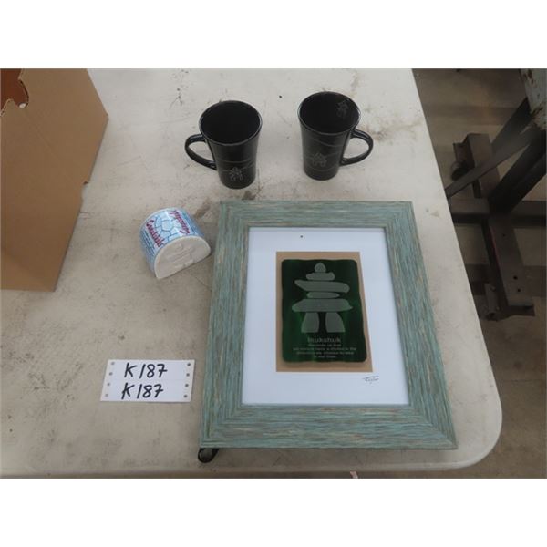 Aida Crystal Glass Inukshuk by Jaroslav Vydro with 2 Inukshuk Mugs