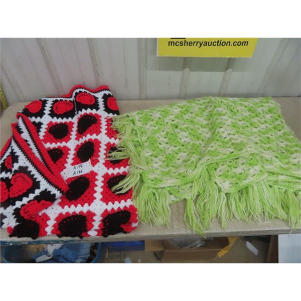 Heart Afghan 54"×60" & Green Fringe Afghan 54"×78"