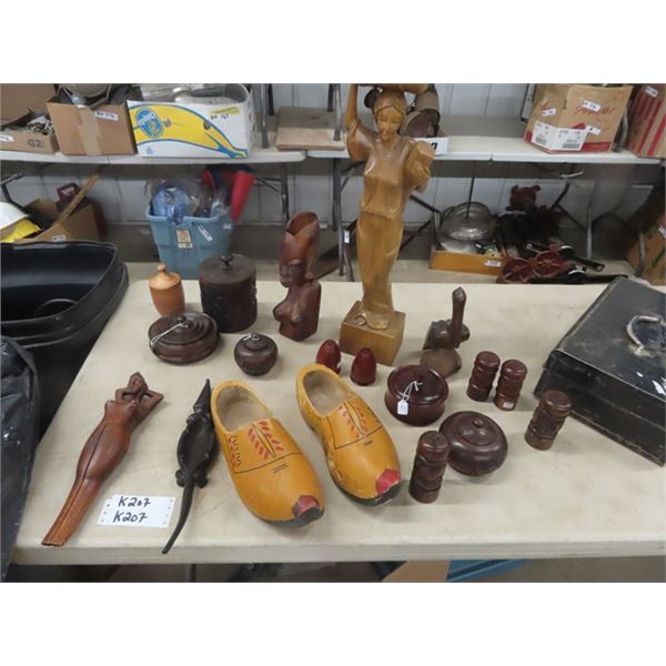 Wood Carvings: Bowls, Figures, Salt + Pepper Shakers 