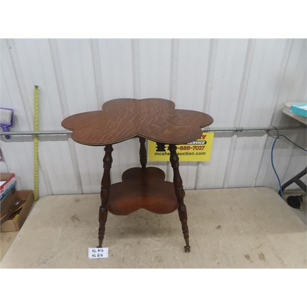 Oak Shamrock 3 Leg Table with Glass Ball + Claw Feet & Brass Edging Detail