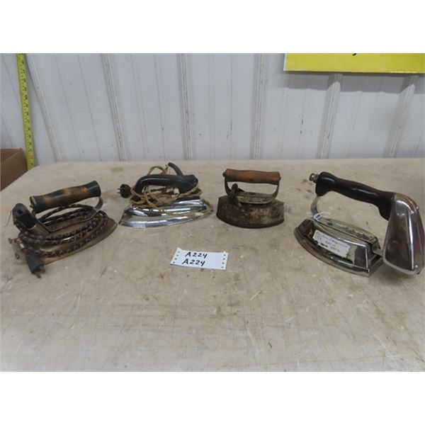 4 Vintage Irons: 2 Electric, 1 Gas, 1 Cast Sad Iron