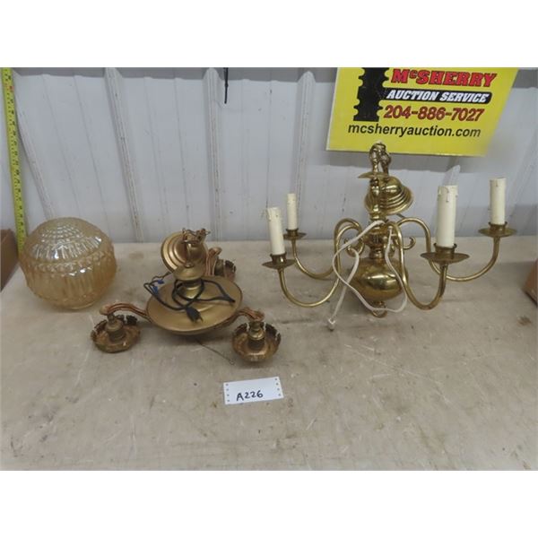 2 Vintage Hanging Lamps- Brass + Copper Tones, 1 Glass Shade