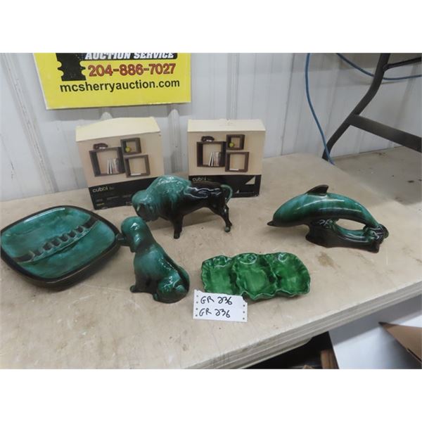 Blue Mountain Pottery Items- Buffalo 8"×10", 2 New Cubbi 3pc Shelves 