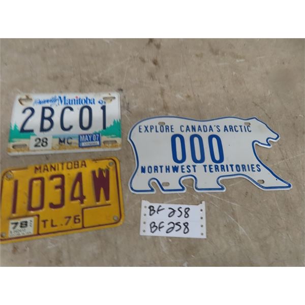 North West Territories License Plate, 2 Manitoba Plates, 1 Motorcycle 