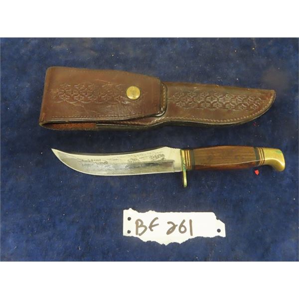 Quality 10.5"  Hunting Knife with Engraved Bear in Blade & Leather Holster 