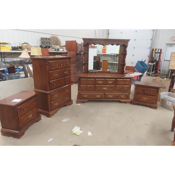 4 pc Pine Bedroom Set: Main Dresser 19"×33"×66" plus Mirror 41"×53", Highboy 19"×38"×54", Night Tabl