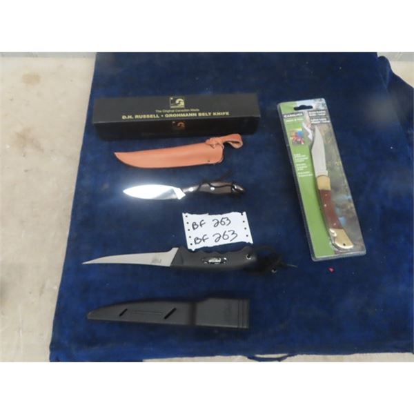 3 New Knives: DH Russel Grohmann Belt Knife  , Caroline Folding Knife + American Angler Filet Knife-