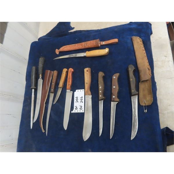 10 Butcher/ Skinning/ Fillet Knives- 3 with Holsters