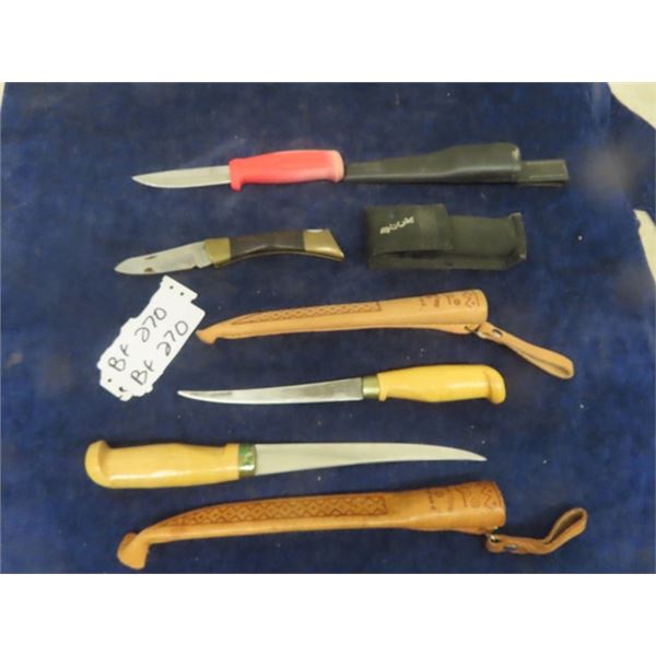 4 Knives: Browning Buck Knife, 2 Filet Knives, 1 Butcher Knife - all with Holsters 