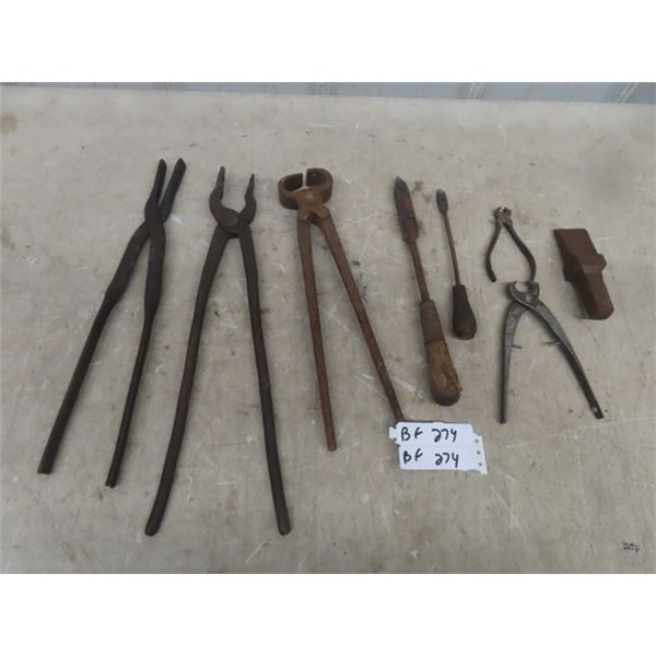 Forge Tools: Tongs, Cutters, Soldering Iron, Anvil with Leather Cut Insert