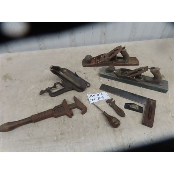 Old Tools: 3 Wood Planes, Saw Vice, 2 Pipe Wrenches, Leather Tool