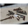 Image 1 : Old Tools: 3 Wood Planes, Saw Vice, 2 Pipe Wrenches, Leather Tool