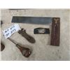 Image 3 : Old Tools: 3 Wood Planes, Saw Vice, 2 Pipe Wrenches, Leather Tool