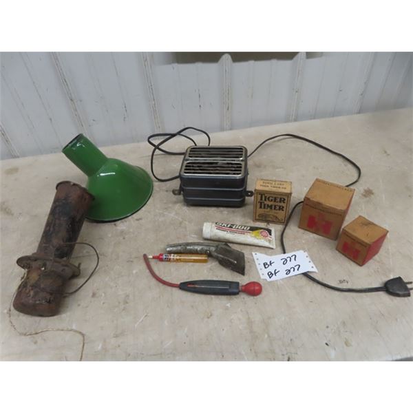 Auto horn, Heater, Porcelain Light Shade, Old School Anti freeze Tester, Chevron Handy Oiler, New Ol