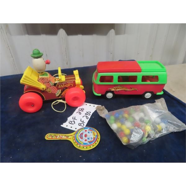 Marx Plastic VW Van 3"×4.5"×8.5", Fisher Price Wood/ Plastic Jalopy, Chinese Checkers Marbles+ Tin N