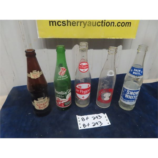 5 Pop Bottles: Mountain Dew, Dr.Pepper, Snow White, Canada Dry, Plains City Beverage