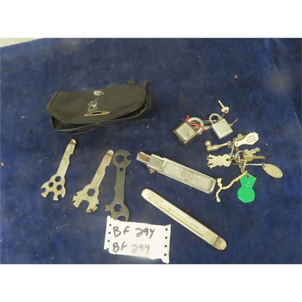 BMW Tire Pry, Bicycle Tool Bag with 3 Wrenches, Harley Davidson Foot Peg, Keys, Locks 