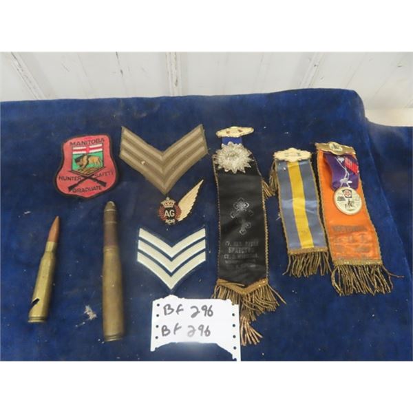 Military Patches, Masonic Ribbons, Big Caliber Military Shells- 1 Conberted to Bottle Opener