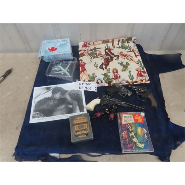 3  Cap Guns: Sprint, Stream Line, Die Cast Boeing Plane 1:500 Scale,  Mountain Men Photo, Cloth Cow 