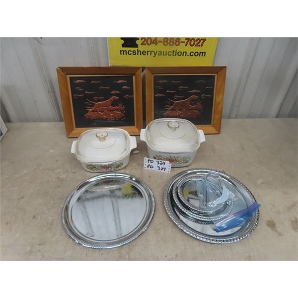 Cassrole Dishes, Silver Trays, Copper Pictures