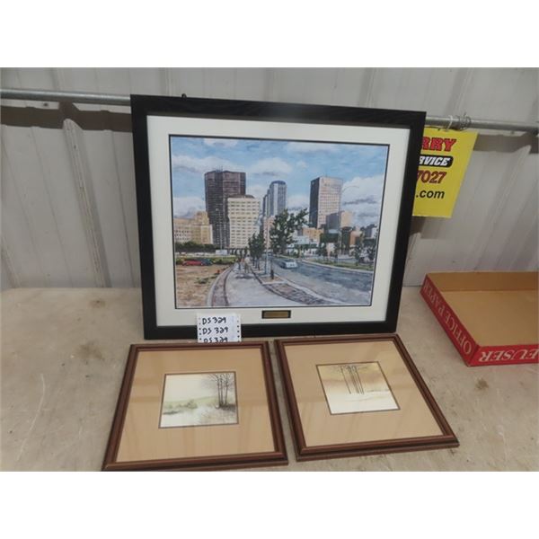 3 Framed Prints: 1) Deer Lodge by Paquin 22"×26", 2) Scenery by Manely 12"×13"