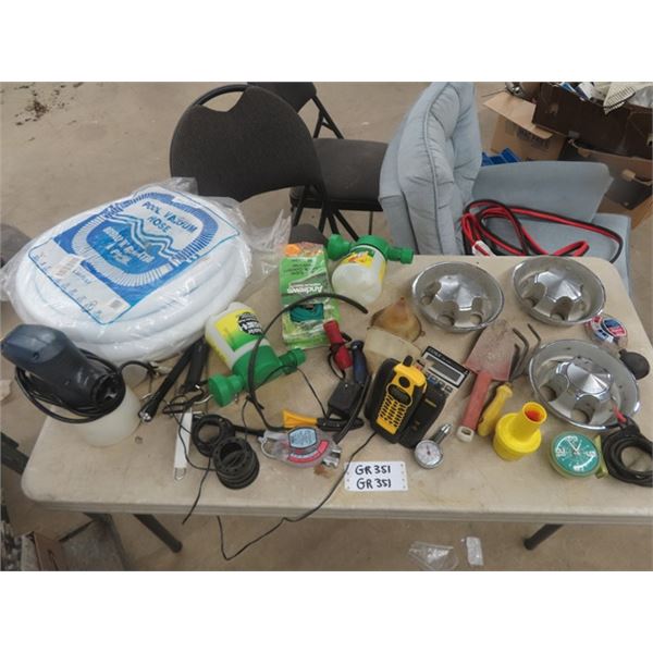 Assorted Odds n Ends: Paint Sprayer,  Pool Vacuum Hose, Garden Sprayers, Center Caps plus more