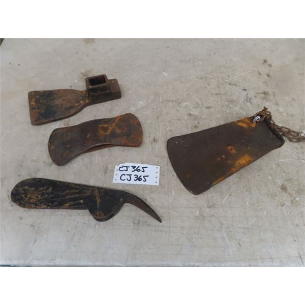 4 Heavy Cast Tool Parts, Very Large Splitting Wedge, 3 Various Axe Heads