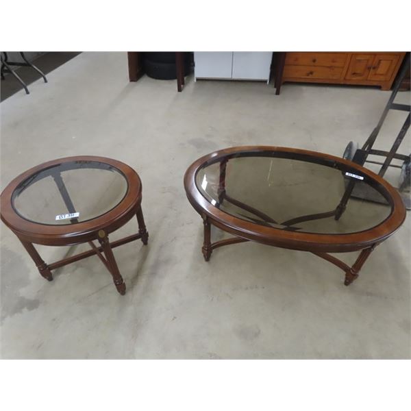 Wood + Bevelled Glass Table Set: Coffee Table 16"×30"×44" , End Table 20"×22"×25"