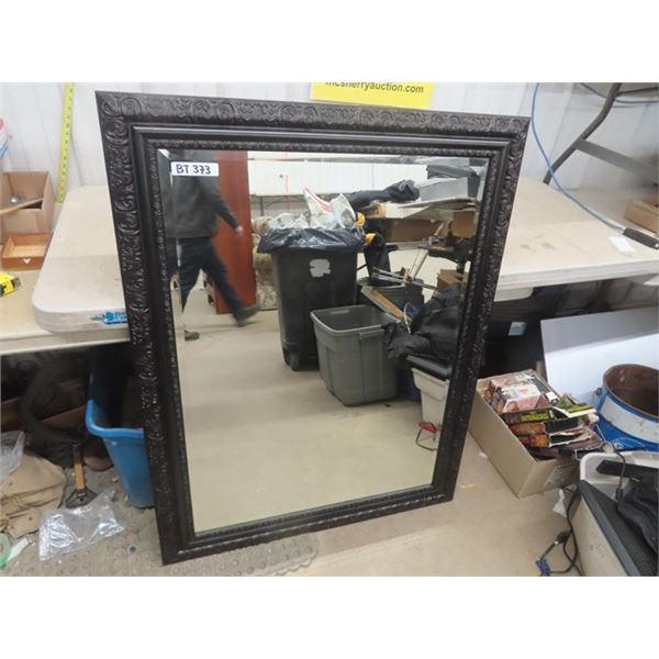 Large Wall Mirror with Ornate Carved Wood Frame + Bevelled Edges 37"×47"