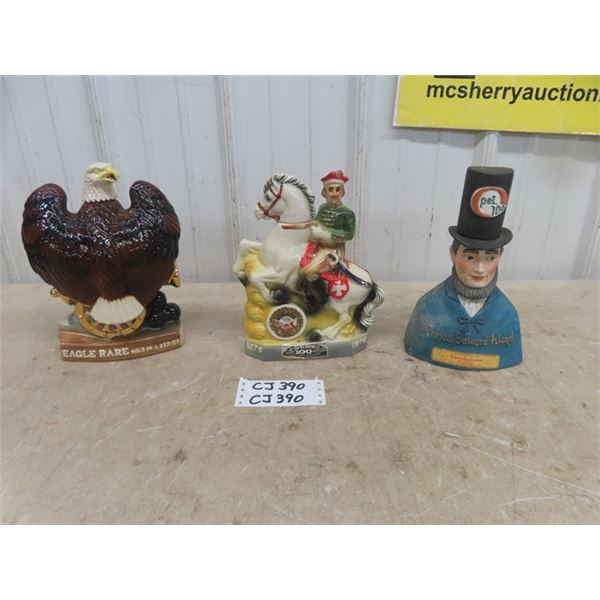 3 Assorted Ceramic Figural Liquor Decanters: Eagle, Polish  Legion Horse + Rider, Hudson's Bay Abe L