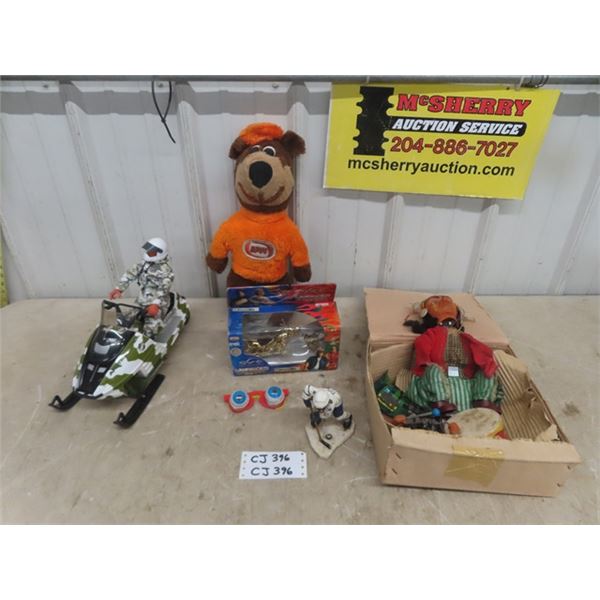 Battery Operated Snowmobile, American Choppers Toy in Box, A&W Bear, Battery Operated Drumming Chief