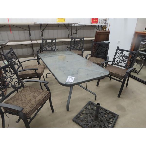 7 pc Patio Set: Table 29"×39"×72" + 6 Chairs- 2 Swivel- All have Cushions + Cast Umbrella Stand - No