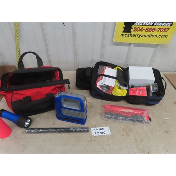 2 Road Side Auto Emergency Kits : Air Compressor, Blanket, Reflective Lights, Flashlights, Tow Rope,