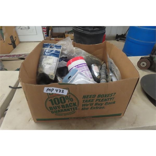 Box of Assorted Plumbing Parts: ABS Connectors, Tub Outlets, Filters, Potassium Permanganate plus mo