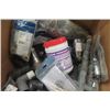 Image 2 : Box of Assorted Plumbing Parts: ABS Connectors, Tub Outlets, Filters, Potassium Permanganate plus mo