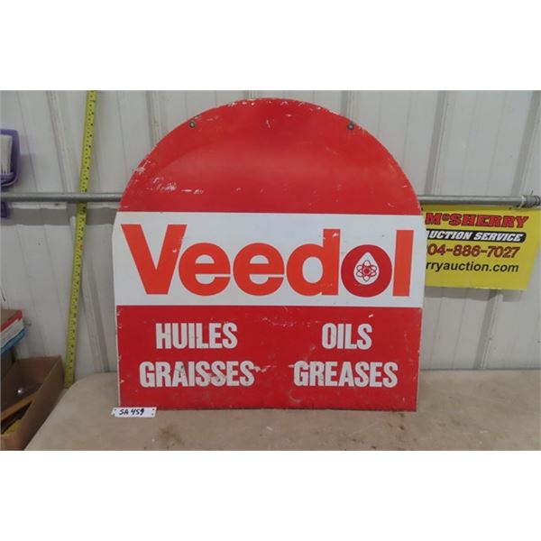 Vint1age Double Sided Metal Veedol Oil + Grease Tombstone Sign 30"×30"