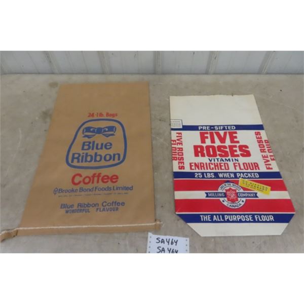 Blue Ribbon (24) 1lb Coffee Bags Paper Sack, Fives Roses Flour 25lbs Unused Bag