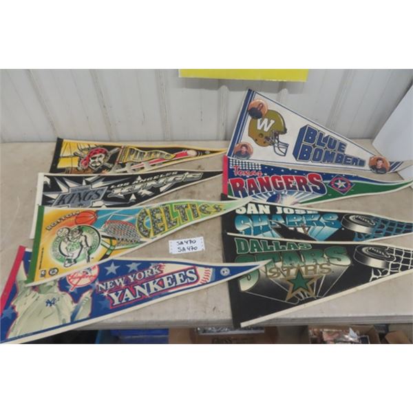 8 Assorted Sports Pennants: Blie Bombers with Pin Back Buttons, Yankees, Celtics, Kings plus others