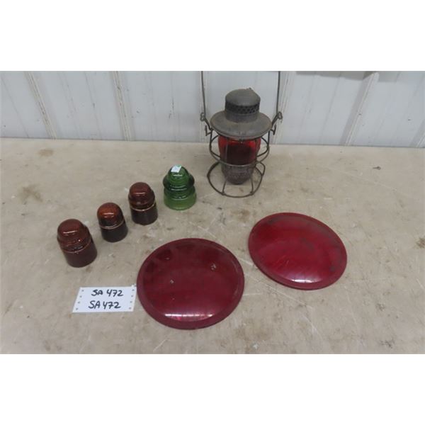 Hiram Piper CPR Railway Lantern with Red Lens, 4 Insulators, 2 Red Plastic Lamp Lenses 8" Diameter