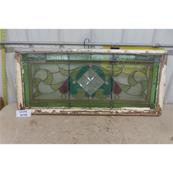 Really Nice + Old Stained Glass Window with Wooden Framen19.5"×43.5"