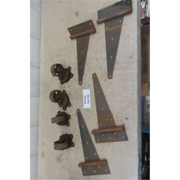 4 Large Barn Door Hinges, 4 Cast Iron Caster Wheels