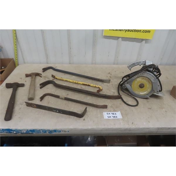 Porter Cable All Metal Circular Saw, Several Pry Bars, 2 Hammers