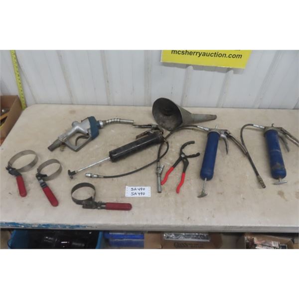 Gas Pump Nozzle, 3 Grease Guns, 4 Oil Filter Wrenches