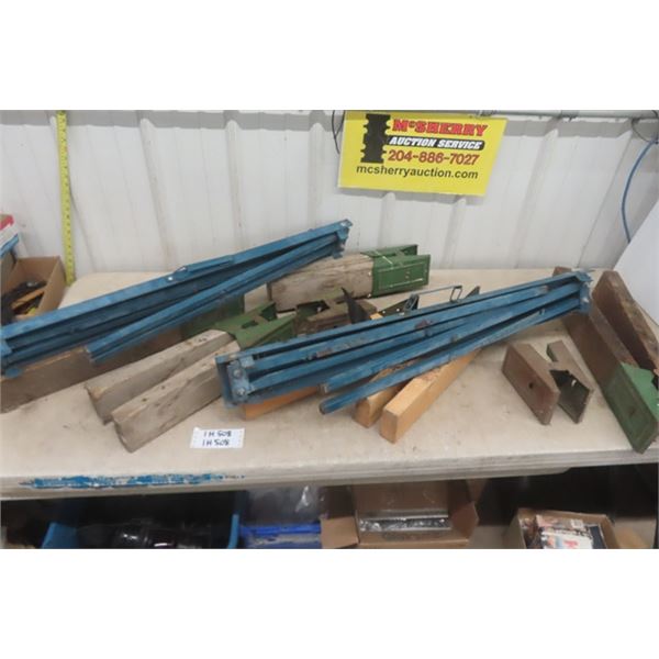  2 portable metal folding saw horses - several saw horse brackets