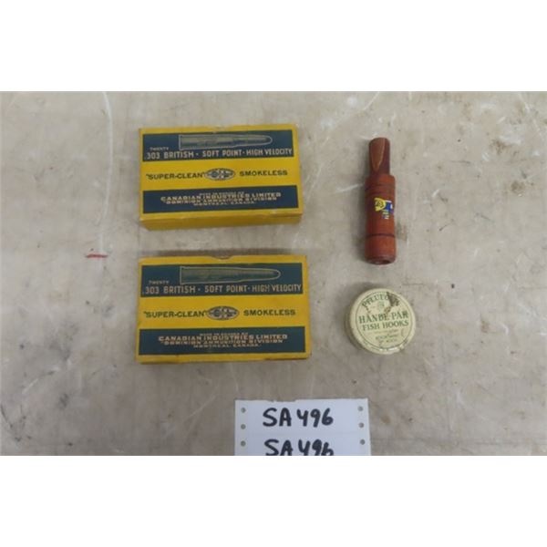 2 Empty Boxes CIL 303 British Soft Point Bullets, Duck Call, Fish Hooks Tin