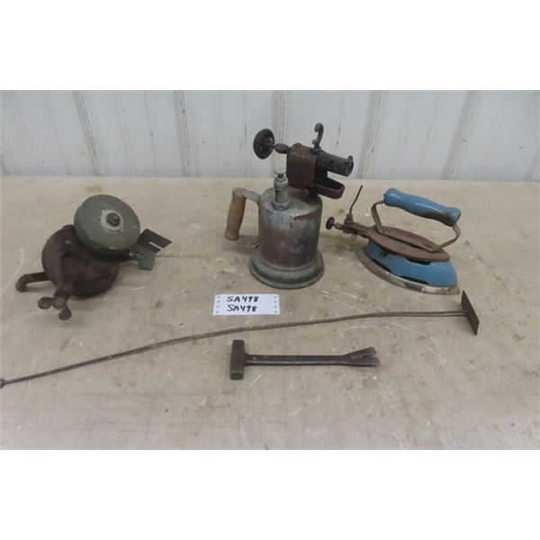 Bench Mount Hand Grinder, Brass Blow Torch, Sad Iron, Nail Puller